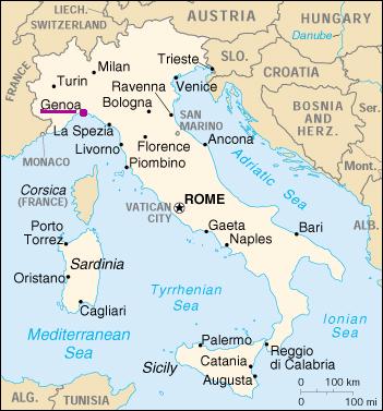 The position of Genoa in Italy